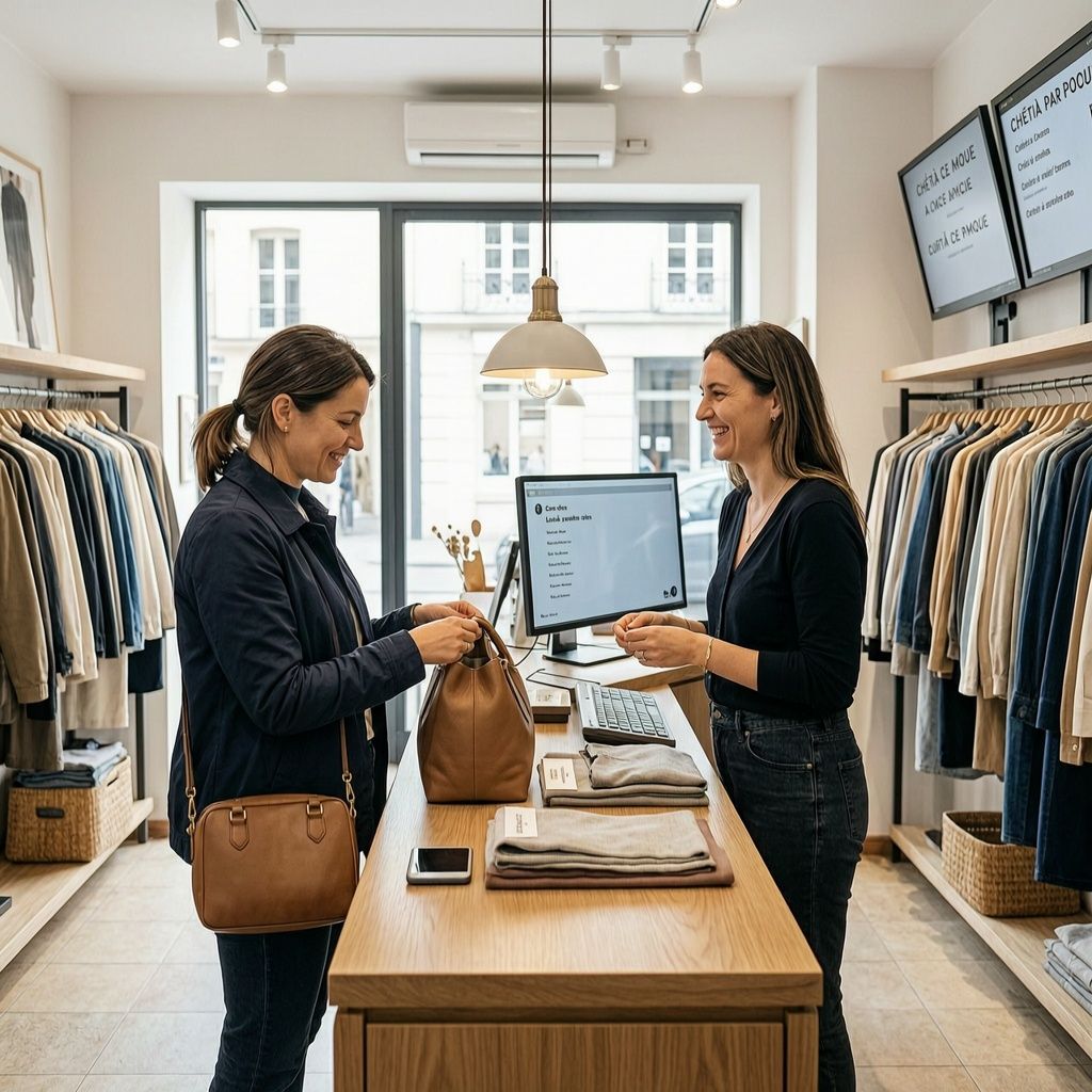 Intérieur d'une boutique de prêt-à-porter avec comptoir de caisse, cliente en train de régler ses achats et vendeuse souriante, lumière naturelle, ambiance accueillante