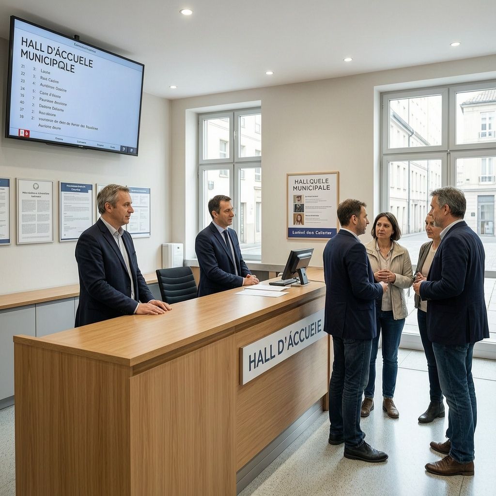 Hall d'accueil d'une mairie française avec comptoir d'accueil, affichage municipal et agents en discussion avec des citoyens