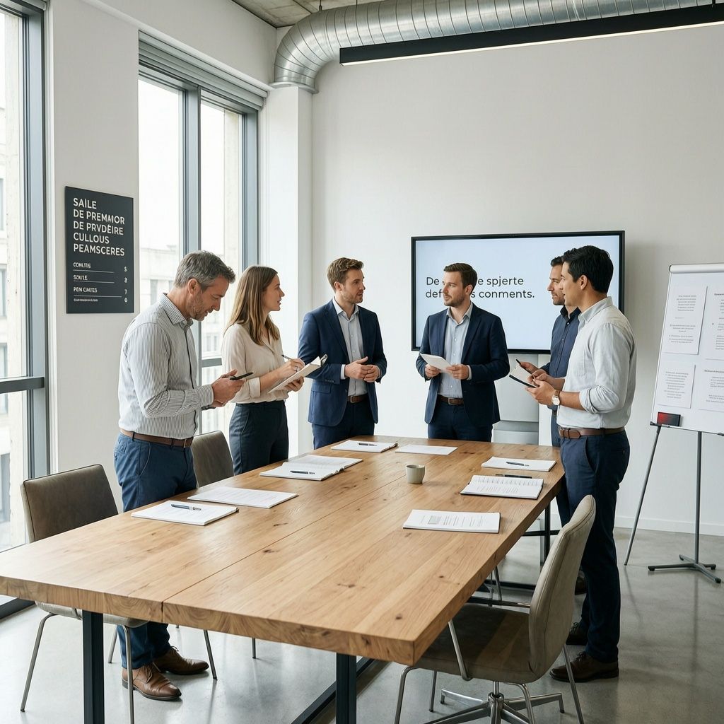 Salle de réunion d'entreprise moderne avec des collaborateurs debout autour d'une table de travail, discutant et prenant des notes, ambiance collaborative et lumineuse