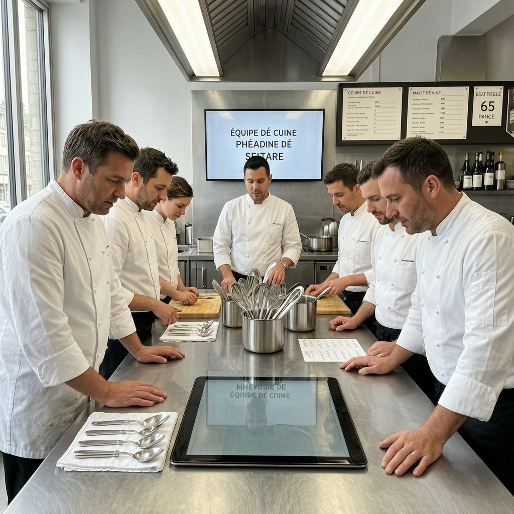 Équipe de cuisine d'un restaurant moderne en pleine réunion autour d'une tablette posée sur un plan de travail en inox, avec des ustensiles et des fiches de suivi visibles en arrière-plan